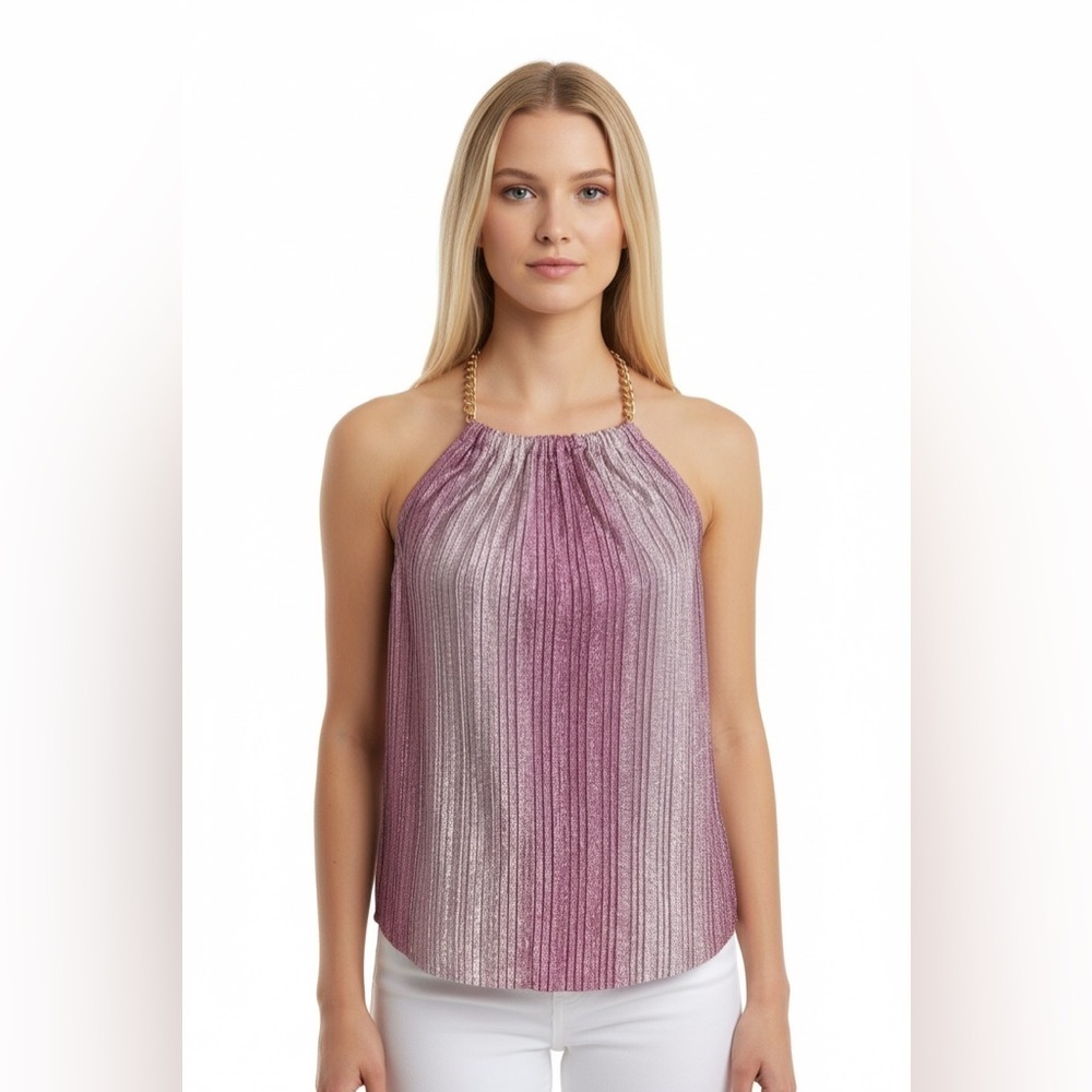 ESPRESSO Pink Metallic Lurex Halter Top Gold Chain Straps Size Large NWT